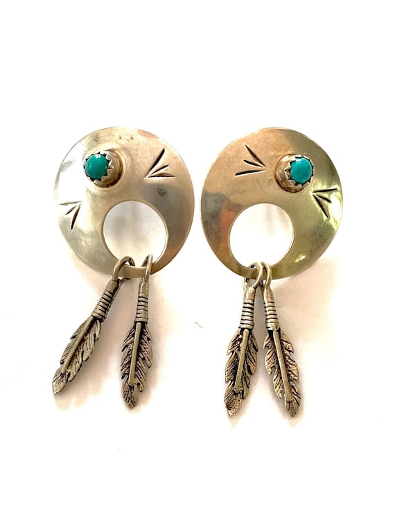 Turquoise Silver Post Feather Earrings - image 2