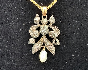 Antique 14k Gold Silver Diamond Pendant Pearl Accent