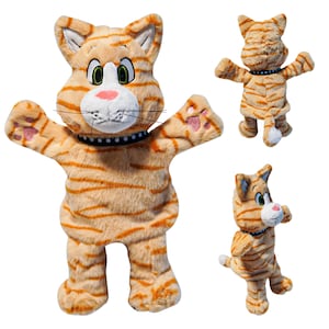 May include: Orange and white striped plush cat puppet with black eyes, a pink nose, and a black collar with white polka dots. The puppet has a mouth that can be opened and closed.