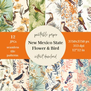 Papel para pássaros e flores do estado do Novo México, papel para scrapbook floral, papel digital, papel floral, pássaros do estado, papel para impressão, papel digital