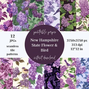 Carta con uccelli e fiori dello stato del New Hampshire, carta per scrapbooking floreale, carta digitale, carta floreale, uccello dello stato, carta stampabile, carta digitale