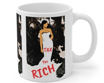 Taza de cerámica "Impuestos a los ricos": Arte inspirado en la Gala del Met de Alexandria Ocasio-Cortez