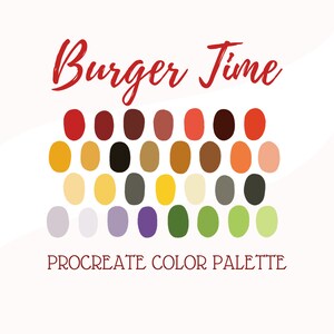 Könnte beinhalten: Eine Procreate-Farbpalette mit dem Text "Burger Time" in Rot. Die Palette enthält 30 Farbfelder in verschiedenen Schattierungen von Rot, Orange, Gelb, Braun, Grau, Lila, Grün und Weiß.