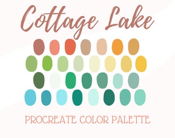 May include: A digital color palette for Procreate with 30 color swatches in shades of brown, green, blue, and white. The palette is titled "Cottage Lake".