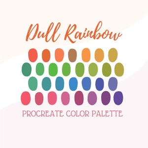 Op de afbeelding: Een digitaal kleurenpalet voor Procreate genaamd "Dull Rainbow" met 36 gedempte kleursamples gerangschikt in een regenboogpatroon.