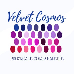 May include: A digital colour palette for Procreate called "Velvet Cosmos" with 36 colour swatches in shades of blue, purple, pink, and red.