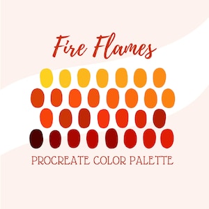 Puede incluir: Una paleta de colores de Procreate con el título "Fire Flames" que presenta 30 muestras de colores en tonos de amarillo, naranja, rojo y marrón.