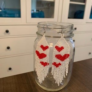Heart dangle, beaded fringe earring, native beaded earrings, beaded chandelier earrings, boho earrings, tribal earrings, seed bead earrings
