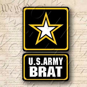 May include: A yellow and black sign with a white star in the center. The sign says "U.S. ARMY BRAT" in white letters.