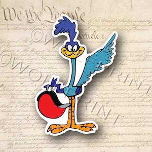 May include: A cartoon roadrunner with blue feathers and a red pouch, standing on a white background.