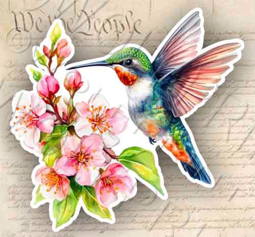 Hummingbird & Flowers 3.8" Wide Sticker Wildlife Waterproof Vinyl Decal