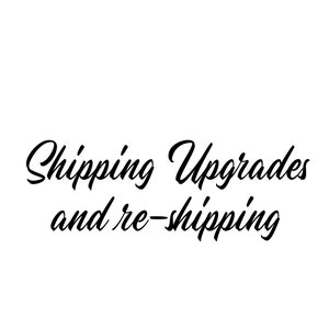 May include: Text graphic with the words "Shipping Upgrades and re-shipping" in a cursive font.