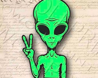 Peace Alien 5.25" Tall Sticker - Funny Space UFO Window Vinyl Sticker Extraterrestrial Space