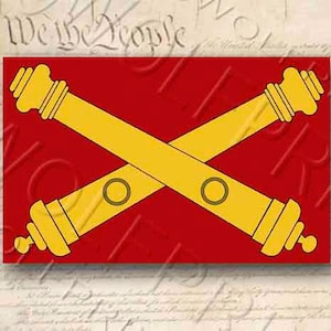 May include: A red flag with two crossed gold cannons. The cannons have a gold circle on each side. The flag is a symbol of the United States Army.