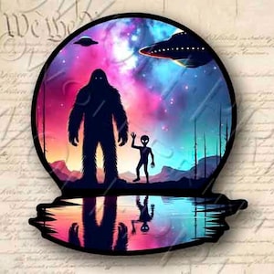 Bigfoot Alien UFO 4.75" Tall Sticker Sasquatch Funny Decal