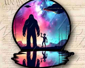 Bigfoot Alien UFO 4.75" Tall Sticker Sasquatch Funny Decal