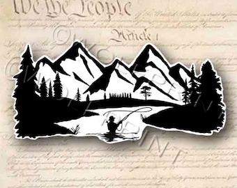 Fly Fisherman Mountain Fly Fishing 5" Wide White or Black Sticker Waterproof Vinyl Decal
