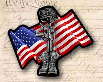 Fallen Soldier 5.3" Wide Patriotic Military Rifle Vinyl Sticker Helmet Boots Dog Tag Decal USA Veteran