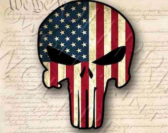 May include: A red, white, and blue American flag skull graphic. The skull is stylized with a black outline and the flag is distressed.