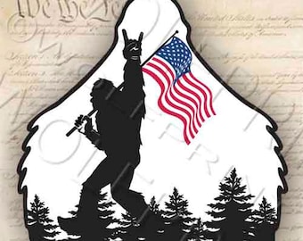 Sasquatch Bigfoot Shape Rock On Flag 4.4" Wide Sticker Vinyl Patriotic Flag Decal