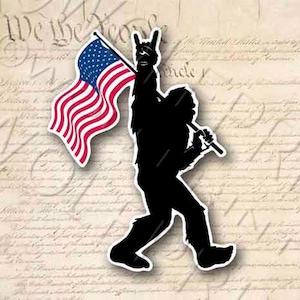 Sasquatch Bigfoot Rock On Flag 5" Tall Sticker Funny Diecut Vinyl Sticker Decal - Black or White Funny Sticker