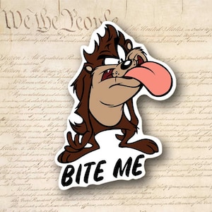 TAZ BITE ME Tasmanian Devil Cartoon Decal  - Funny Window  4.5" Tall Sticker