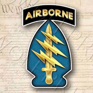 May include: A blue and gold military patch with the words "AIRBORNE" in black lettering. The patch features a stylized lightning bolt design with a sword.