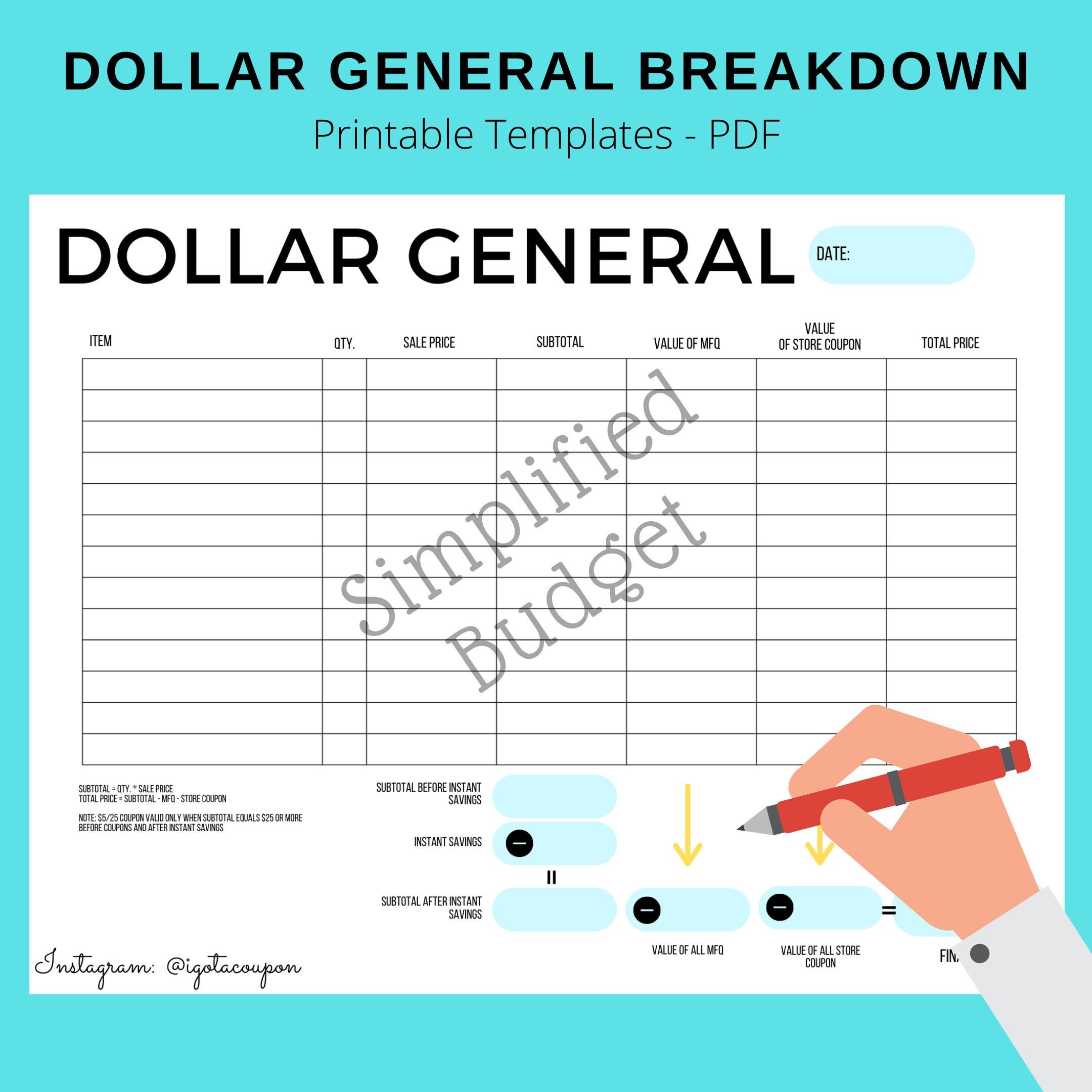 Dollar General Breakdown Template by Simplified Budget Etsy