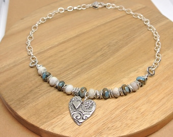 Heart Pendant Beaded Necklace, Bead and Chain Heart Necklace, Silver and Blue Beaded Necklace, Beaded Statement Necklace, Heart Necklace