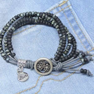 Leather Beaded Wrap Bracelet, gray leather seed bead bracelet, leather beaded bracelet, seed bead wrap bracelet, beaded wrap bracelet