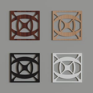 May include: Four square decorative panels with a geometric design. The panels are in different colors: dark brown, light wood, black, and white. Each panel has a square frame with an oval and star-like pattern inside.