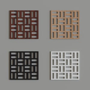 May include: Four square wooden panels with a geometric, openwork design. The panels are in shades of dark brown, light brown, black, and white. The design features a repeating pattern of rectangular cutouts.