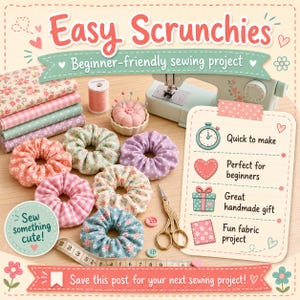 Könnte beinhalten: Bild, das ein anfängerfreundliches Nähprojekt für Scrunchies bewirbt. Es zeigt farbenfrohe Stoffe, eine Nähmaschine und verschiedene Scrunchies in Rosa, Grün und Blau. Der Text enthält "Easy Scrunchies" und "Sew something cute!"