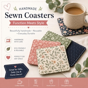 Peut inclure: Un ensemble de dessous de verre carrés en tissu avec divers motifs floraux et à pois dans des tons de vert, rose, crème et bleu marine. L'image contient du texte tel que Handmade Sewn Coasters, Function Meets Style et d'autres étiquettes.