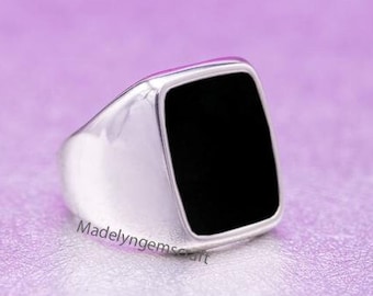 Rectangle Cushion Mens Signet Ring, Black Onyx Silver Ring, Flat Gemstone Ring, Elegant Silver Mens Ring, Every Day Ring, Unique Mens Ring