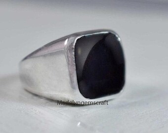 Black Onyx Signet Ring, Mens Signet Ring, 925 Silver Onyx Ring, Mens Vintage Ring, Cushion Signet Ring, Handmade Silver Ring, Mens Gifts