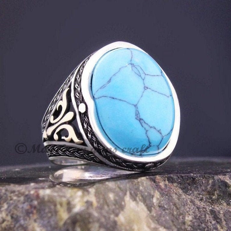 Tibetan Turquoise Ring Sterling Silver Signet Ring Men - Etsy