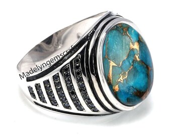 Blue Copper Turquoise Sterling Silver Ring, Turquoise Signet Ring, Black Zircon Ring, 925 Sterling Silver Ring, Gifts For Birthday, Unique