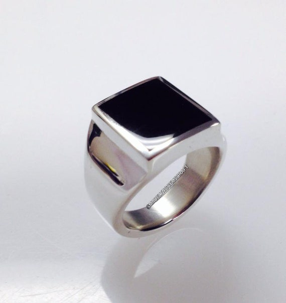 Black Ring for Men Pure 925 Sterling Silver Ring Rectangel 