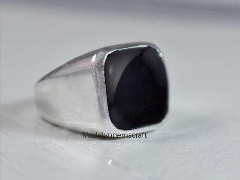 Black Onyx Signet Ring, Mens Signet Ring, 925 Silver Onyx Ring, Mens Vintage Ring, Cushion Signet Ring, Handmade Silver Ring, Mens Gifts image 1