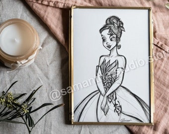 Tiana (Princess and the Frog) - ORIGINAL Art Ink Drawing