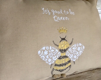 Gorgeous Queen Bee Embroidered Pillow It's Good to Be Queen Large Bee with Crown 18" x 13" Throw Pillow Accent Pillow Free Shipping