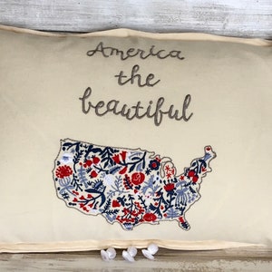Patriotic Embroidered Pillow America the Beautiful United States Filled with Floral Design 18&quot; x 13&quot; Throw Accent Pillow Free Shipping