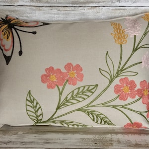Spring Summer Flower Butterfly Pillow with Embroidered Stitched Flowers and Butterfly 17&quot; x 13&quot; Throw Pillow Accent Pillow Free Shipping