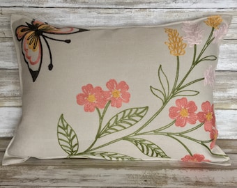 Spring Summer Flower Butterfly Pillow with Embroidered Stitched Flowers and Butterfly 17" x 13" Throw Pillow Accent Pillow Free Shipping