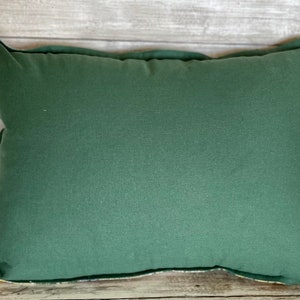 May include: A dark green pillow with a plain, solid color. The pillow is made of a soft, textured fabric.