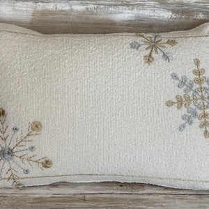 Christmas Winter Embroidered Silver and Gold Snowflake Pillow 17&quot; x 12&quot; Pillow Insert Throw Pillow Accent Pillow FREE SHIPPING Rustic Daisy