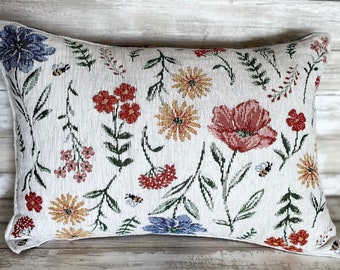 Reversible Wildflower Bee Tapestry Pillow: 17" x 13" Accent Throw FREE SHIPPING Rustic Daisy