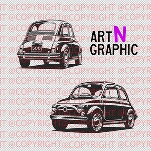Könnte beinhalten: Schwarz-weiß-Illustration eines klassischen Fiat 500. Das Auto ist zum Betrachter gewandt und hat ein schlichtes, minimalistisches Design.
