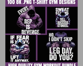 Lot de 100 designs de t-shirts de sport hardcore | PNG haute qualité 8K | Citations de motivation musculation et fitness | Utilisation commerciale limitée